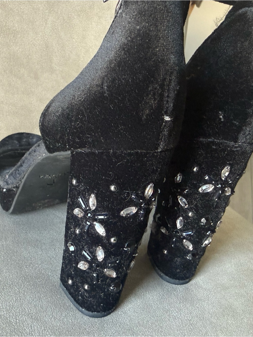 Vera Wang Black Velvet Heeled Boots with Crystal Accents